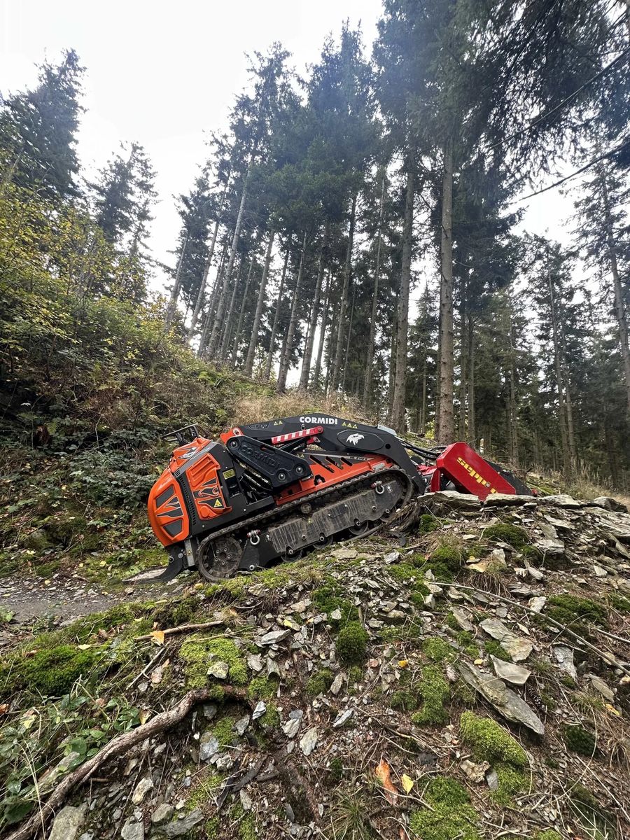 Raupen-Trailbaufräse an einem steilen, felsigen Hang